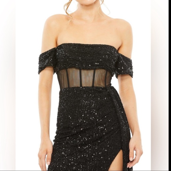 NWT Mac Duggal 11665 Off Shoulder Sequin Evening Dress Gown Sheer Corset Waist 6 - Picture 2 of 14